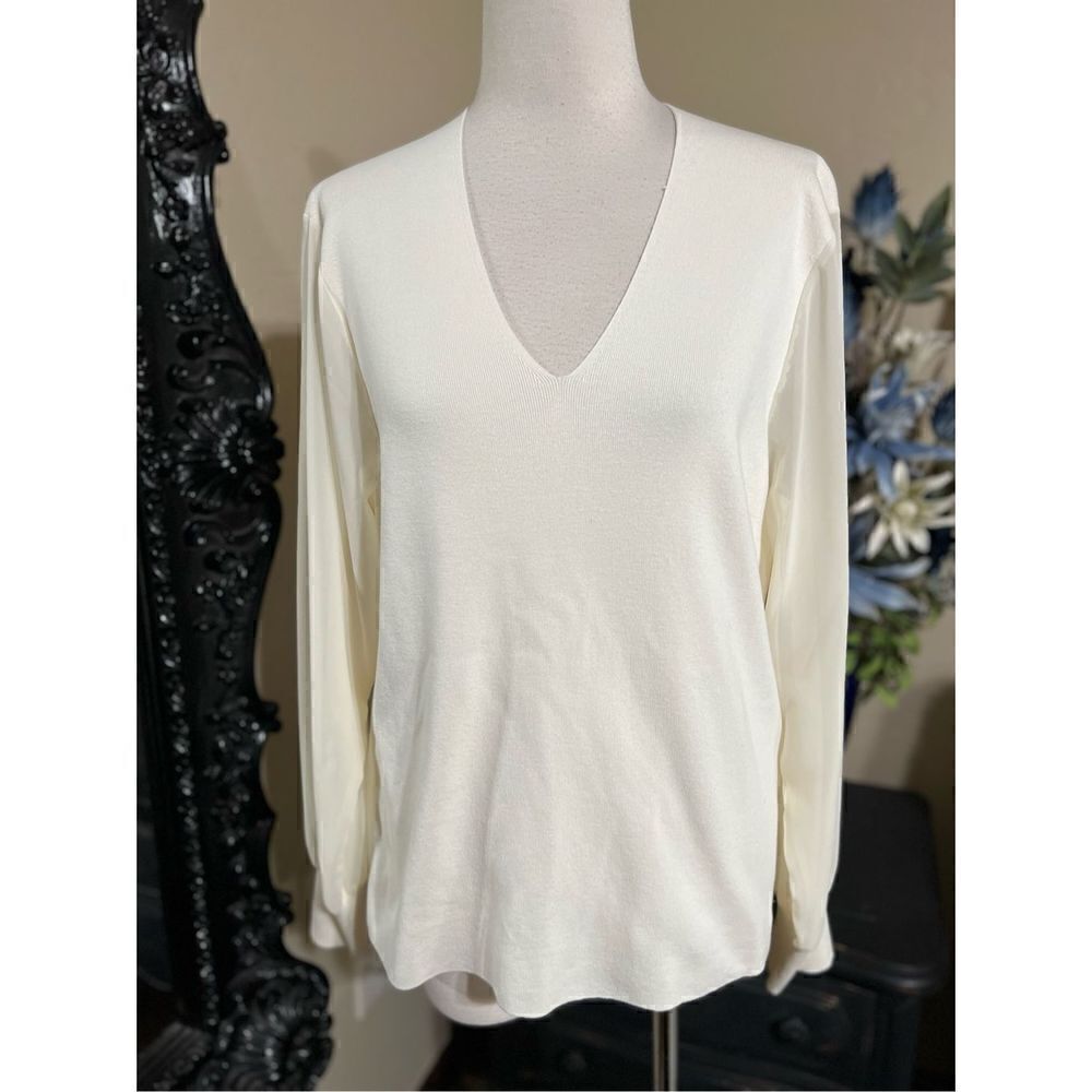 Talbots Sheer Long Sleeve V-Neck Cream Colored Dressy Sweater Size L